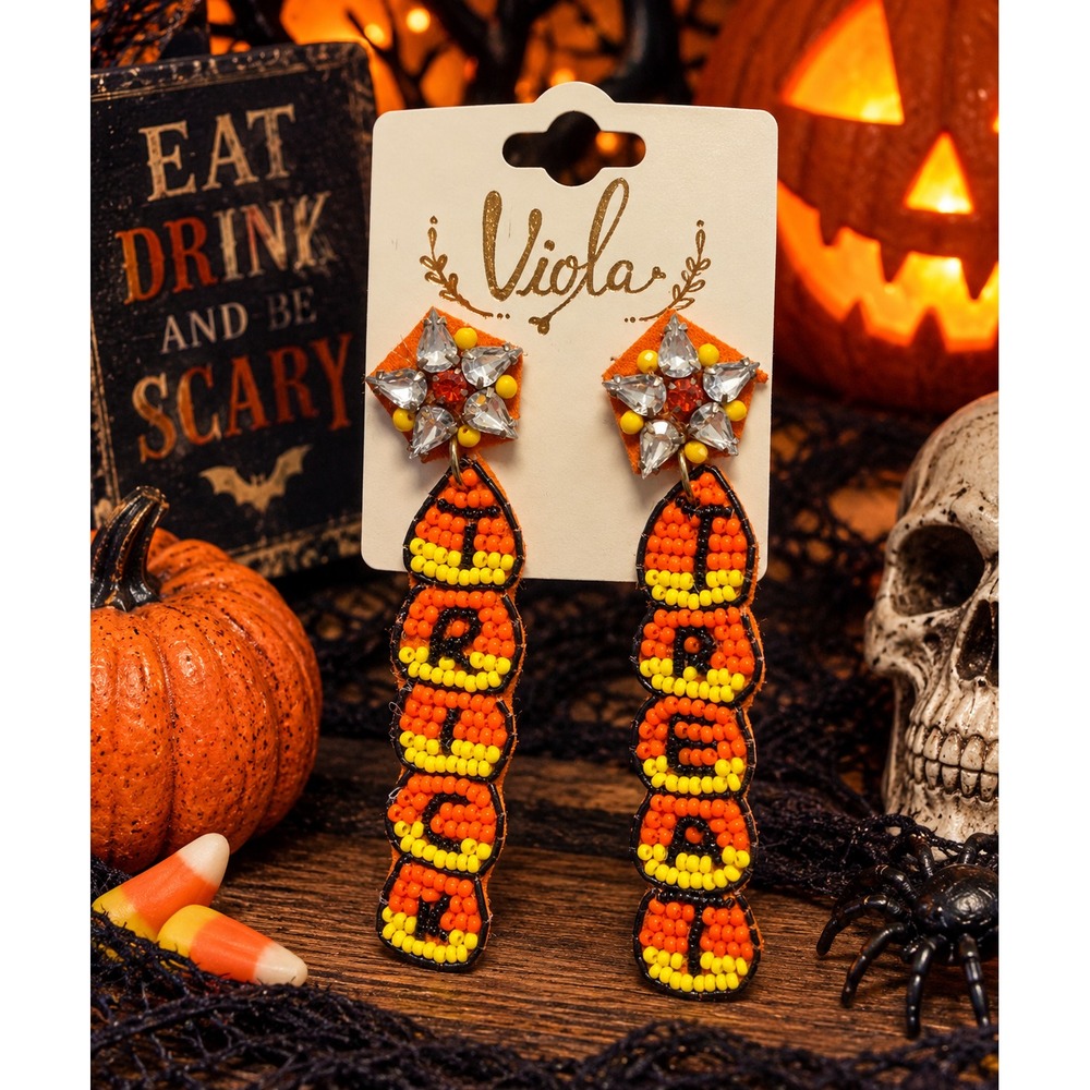 Trick or Treat Earrings Halloween Seed Bead Candy Corn Statement Earrings